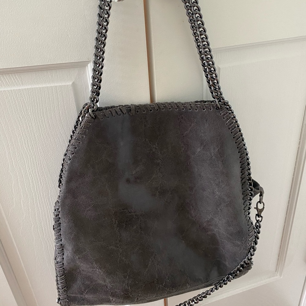 Grey faux leather hobo bag chain straps